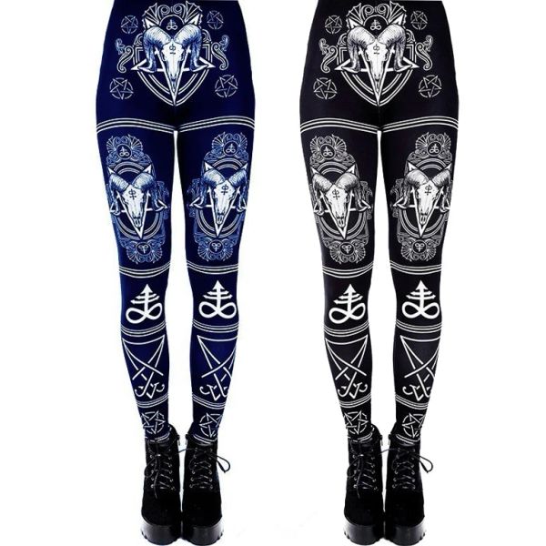 Leggings gótico ouija impresso leggings chifre de cabra calças de treino feminino elástico hexagrama calças pretas bottoms feminino