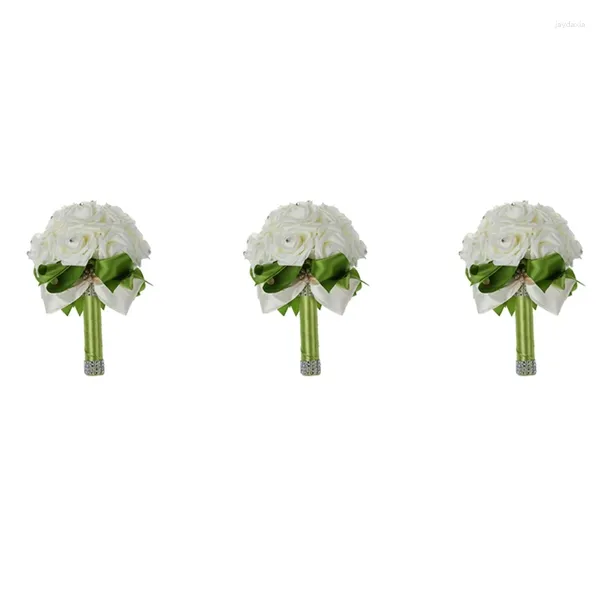 Fiori decorativi 3X Bouquet da sposa Fiore da damigella d'onore Rosa artificiale Bouquet bianco-Nastro verde