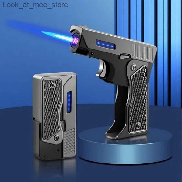 Accendini Esclusiva luce di ricarica USB al plasma antivento per pistole pieghevoli da uomo, torce a butano e luci per sigari a fiamma turbogetto Q240305