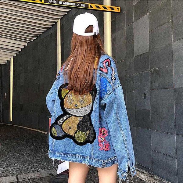 Jaquetas femininas Mulheres Jaquetas Mulheres Engraçado Urso Padrão Diamantes Denim Casacos BF Estilo Havey Decor Jacket ClothesWomen 240305