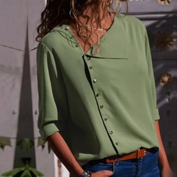 Camicia Factory Outlet B Bottoni moda estiva Colletto diagonale irregolare Camicetta casual da donna con colletto obliquo Camicie da donna