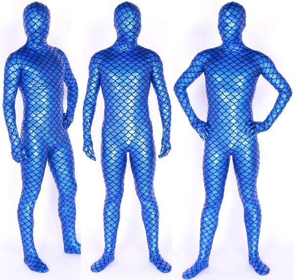 Unisex-Body mit Fischschuppen-Kostümen, Outfit, blau, glänzendes Lycra-Metallic, großes Fischschuppen-Meerjungfrau-Catsuit-Kostüm, Halloween-Party, schick, 4776708