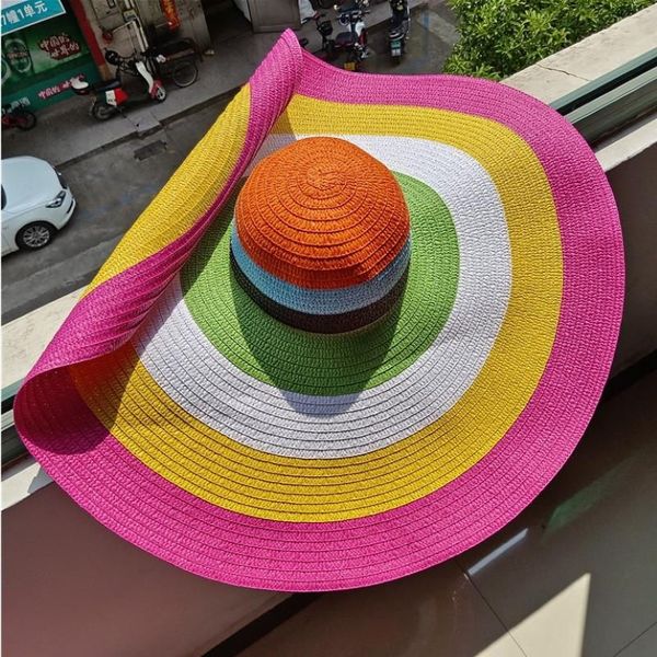 Шляпы с широкими полями в радужную полоску, большой солнцезащитный козырек от ультрафиолета, пляжная шляпа от солнца с проволочным краем, можно сложить произвольно, ширина262J