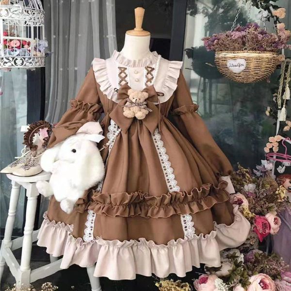 Kleid Anime Lolita Kleid Frauen Bär Schleife Spitze Kawaii Kleid Langarm Prinzessin Kleid Halloween Kostüm Geschenk für Mädchen PARTY