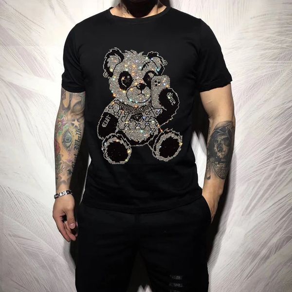 Moda de alta qualidade homem manga curta algodão t-shirts strass legal masculino tecnologia pesada streetwear venda quente tshirt 240305