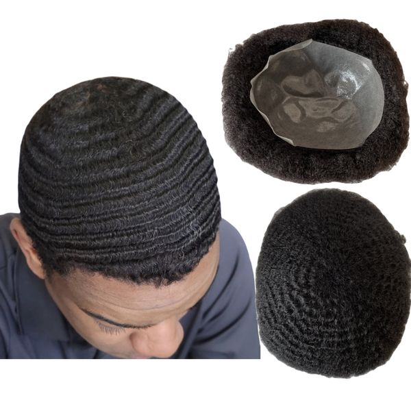 4mm onda afro-americanos homens perucas malaio virgem peça de cabelo humano unidades completas de pu para homens negros