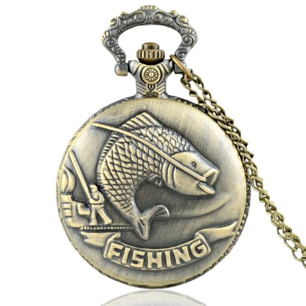 Clássico vintage bronze pesca relógio de bolso quartzo retro masculino feminino colar pingente jóias presentes moda pocket2897