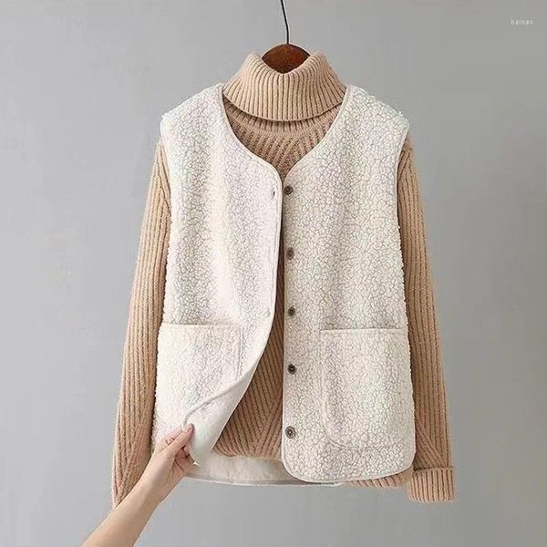 Damenwesten 2024 Frühling Herbst Winter Frauen Lammwolle Weste Damen ärmellose einreihige Jacke weibliche Weste Mantel mit Taschen