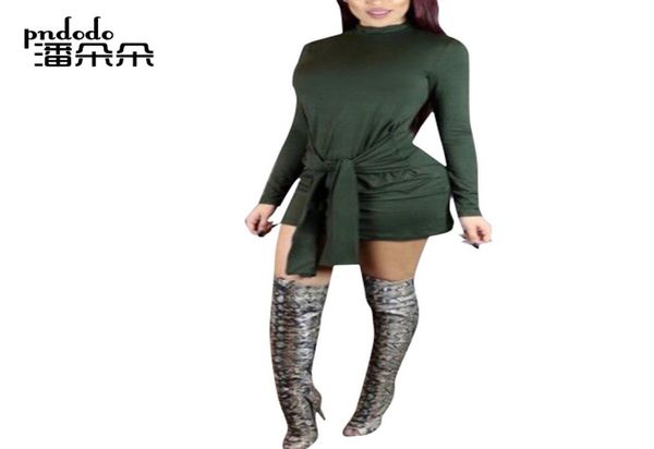 Pndodo 2018 einfarbiges Damen-Minikleid mit langen Ärmeln und Schärpen, sexy, schlankes, kurzes Kleid mit Rundhalsausschnitt, lässig, figurbetont, Brief5134878