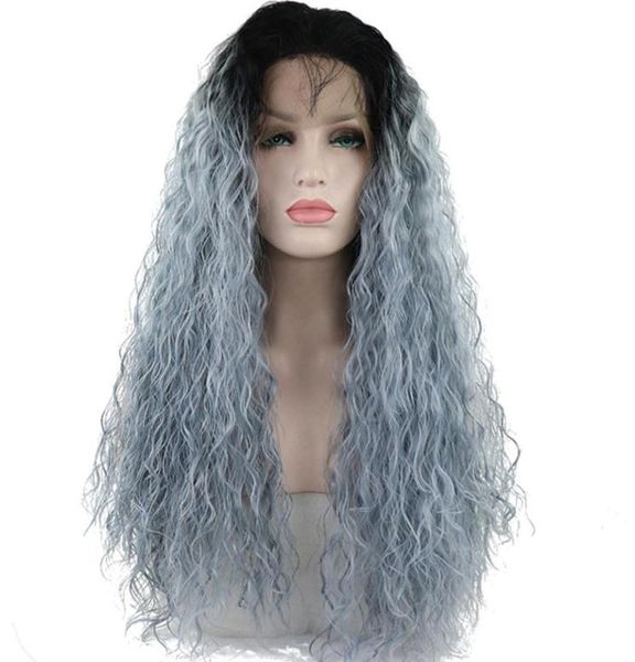 Parrucche frontali Cosplay Parrucca anteriore in pizzo sintetico con capelli per bambini Ombre Capelli ricci lunghi azzurri per le donne9501770