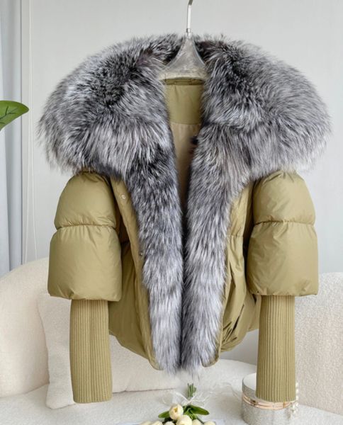Pelz Heiße Verkäufe Super Große Echt Silber Fuchs Pelz Kragen Mit Stricken Ärmel Mode Oberbekleidung Winter Frauen Mantel Weiße Ente unten Jacke
