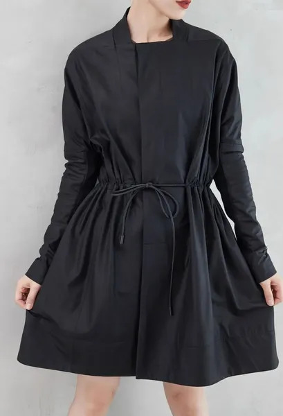 Jaqueta de couro feminino preto genuíno luxo pele de cordeiro solto meados longos casacos cordão splice malha manga design win2024