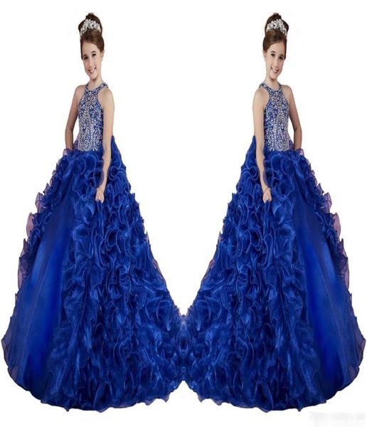 Luxo azul real meninas pageant vestidos babados contas de cristal princesa dança vestidos de baile crianças festa para casamento flor menina 1927964