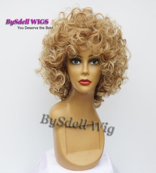 Kurze, große, lockige Afro-Perücke, flauschig, dunkles Ombre, hellblonde Spitzenfarbe, hitzebeständig, gewelltes Haar, afroamerikanische Perücken für schwarze Frauen. 6781534