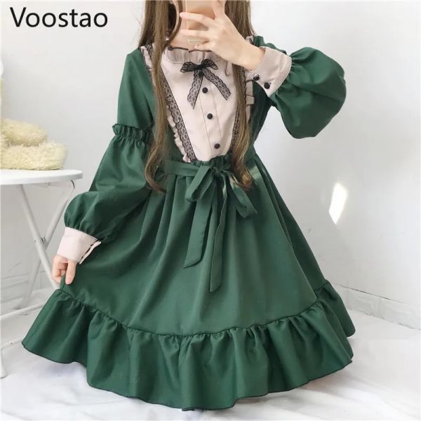 Japon kawaii lolita çay partisi elbiseler kadınlar fırfırlar uzun kollu gotik yay dantel elbise vintage Victoria tatlı hizmetçi vestidos