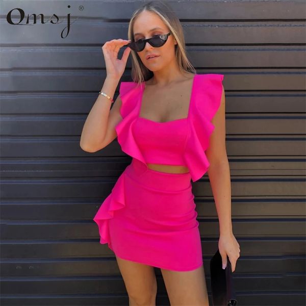 Костюмы OMSJ 2024, новый пляжный стиль, 3 цвета, женское летнее платье, неоново-розовый, зеленый, оранжевый, укороченный топ с рюшами + мини-юбка, сексуальные наряды для ночного клуба