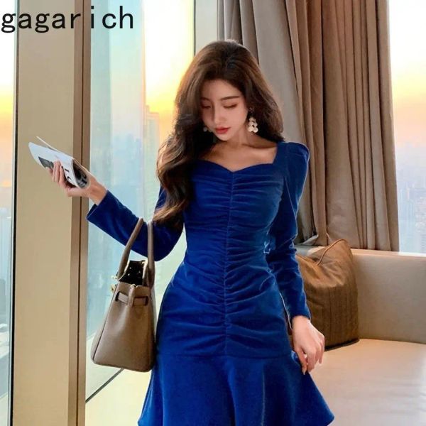 Abito Gagarich moda coreana blu vestito dalle donne 2024 autunno inverno nuovo stile vintage collo quadrato velluto slim fit abiti a coda di pesce