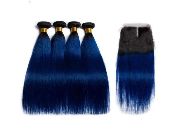 Ombre cor t 1b azul escuro em linha reta remy trama do cabelo humano 3 tece pacotes com fechamento de renda 4x43904525