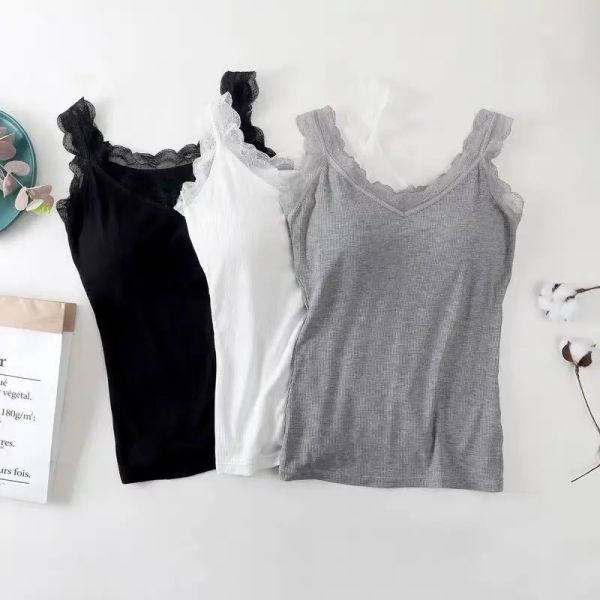 Camis 2023 Neue Sommer Frauen Patch Spitze V-ausschnitt Modale Unterwäsche Tanks Leibchen Tops Dame Solide Ärmellose Bluse Gebaut in Bh Weste Y20