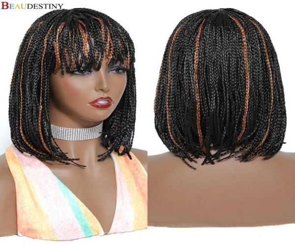 Perucas sintéticas curto bob peruca com franja crochê trança cabelo trançado para mulheres negras africano marrom vermelho 4719031