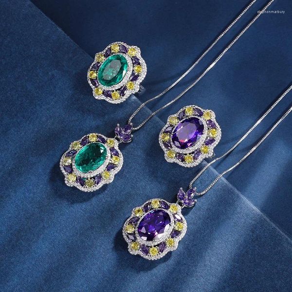 Collana Orecchini Set Abito da festa Accessorio Mix Colore Verde Viola Giallo Ciondolo con zirconi cubici Anello regolabile Gioielli da donna