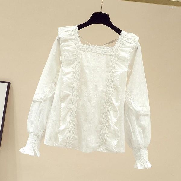 Blusas femininas pescoço quadrado francês manga longa blusa de renda feminina 2024 outono rendas elegante doce camisa branca solta casual simples topos