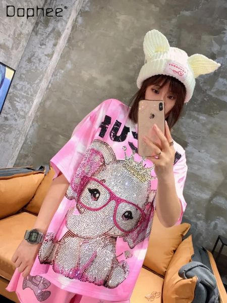 Футболка Hot Diamond Cartoon Cartoon Pink Elephant Tshirt Women 2023 Летняя новая мода