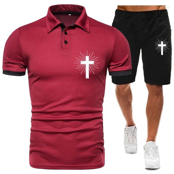 Fatos masculinos 2024 verão polo camisa de manga curta calças de cinco quartos de duas peças negócios casual sportswear