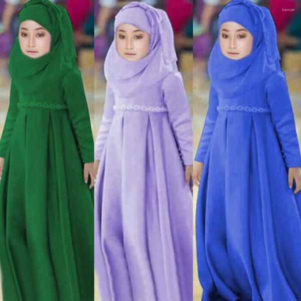 Abbigliamento etnico Ramadan Abaya Bambini Ragazze Hijab Abito 3 pezzi Set Sciarpa musulmana Arco Abito Preghiera Abaya Bambino Caftano islamico Abito Caftano