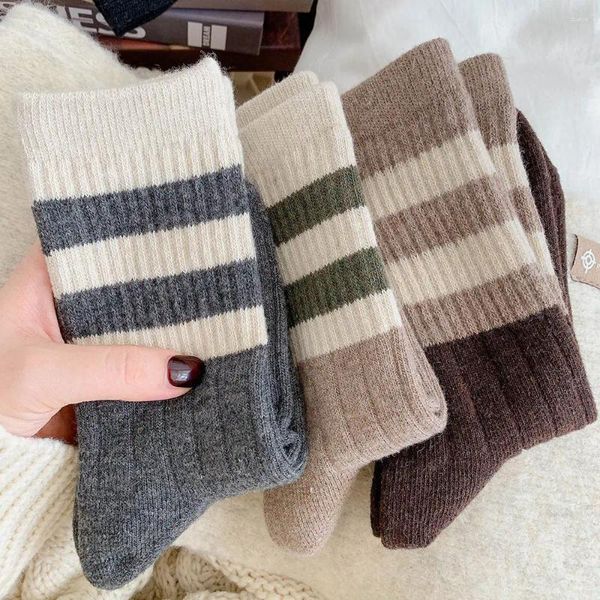 Damensocken, 6 Paar, Herbst/Winter, dicke Strümpfe für Damen, gestreift, mittellang, Vintage