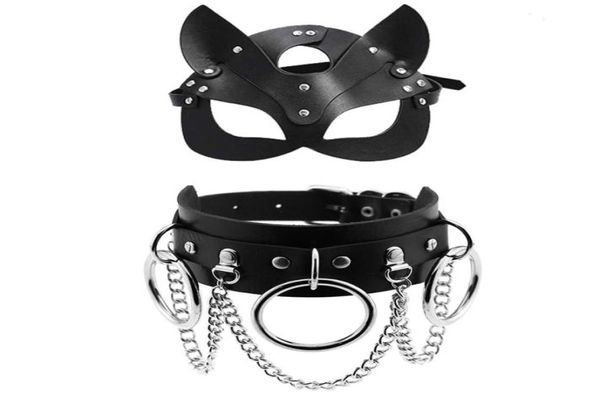 Brinquedos sexy para casais máscara de couro pu mulheres cosplay gato bdsm fetiche halloween máscaras pretas com colar sexy acessórios eróticos 6669542