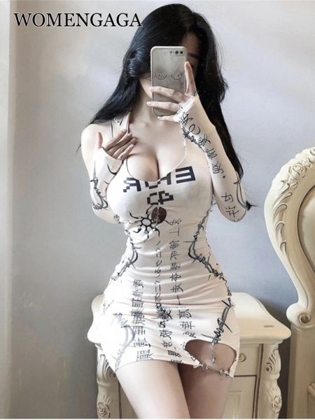 Vestido sexy quente menina tanque mini vestido feminino halter pescoço v pescoço personagem chinês impressão magro hip outono novo coreano vintage topos h8ga
