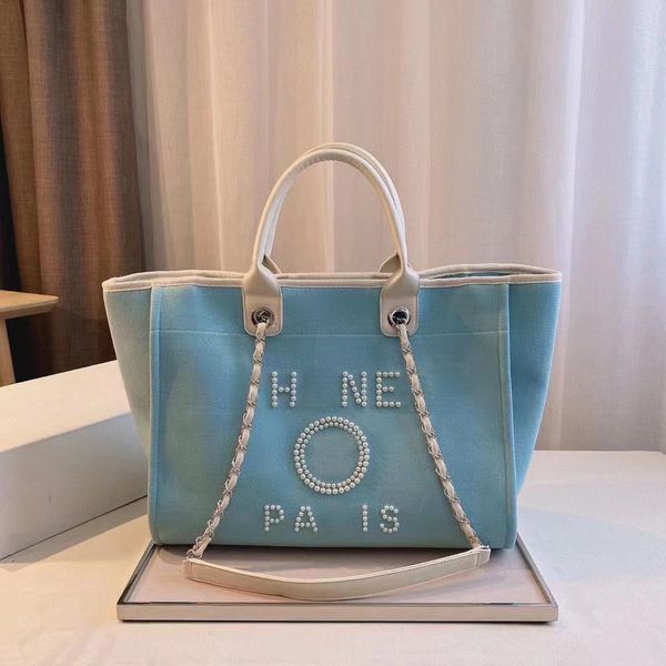 Modemarke Handtasche Kettentasche Neue Damen-Luxus-Perlen-Leinen-Canvas-Einkaufstasche Handheld-Strandtasche mit großer Kapazität Klassische Einkaufshandtasche mit einer Schulter und Kette