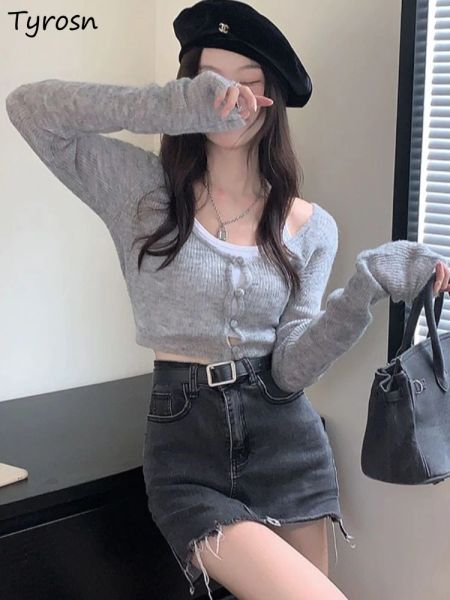 Cardigan Cardigan corto primaverile Donna Skinny Sexy Grigio Tenero Ragazze calde Allmatch Daily Casual Streetwear Basic Semplice dolce stile coreano