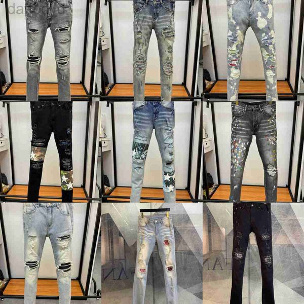 Jeans masculinos moda mens jeans luxo designer denim destruir buracos jean 21 estilos doodle applique skinny calças homem motocicleta equitação calças finas hip hop rua 240305