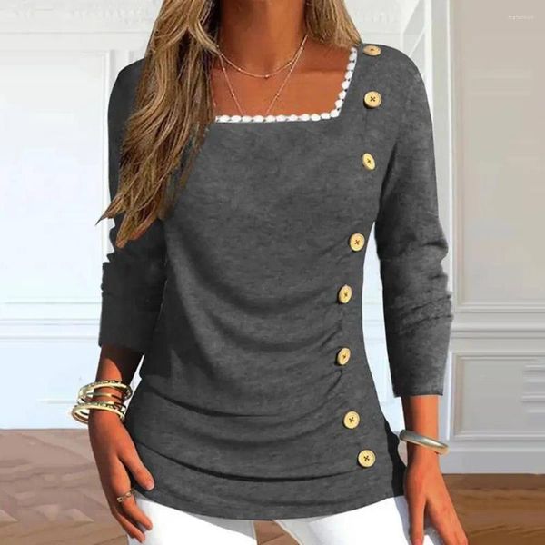 Blusas femininas ajuste fino plissado camiseta chique outono renda decote design para streetwear moda feminina elástica