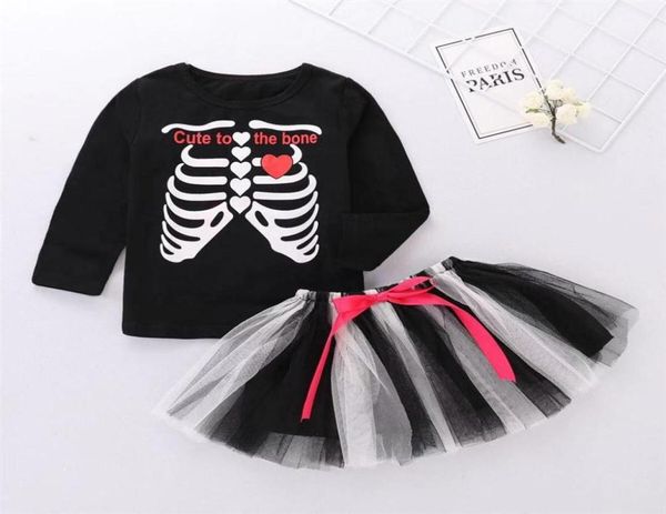 Crianças traje de halloween meninas039 conjunto roupa topos camiseta renda tutu saia funky punky ossos vestido de halloween para meninas314o7816539