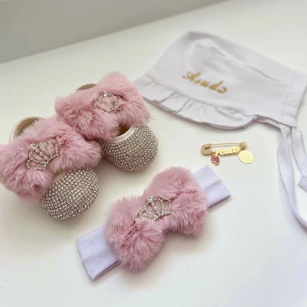 Noel Hediyesi 1. Doğum Günü Bebek Kız Bling Ayakkabı Kafa Tavşan Kürk Kürk Kürk Kürk Lüks Sparkle Rhinestones Prewalkers 0-6m 240227