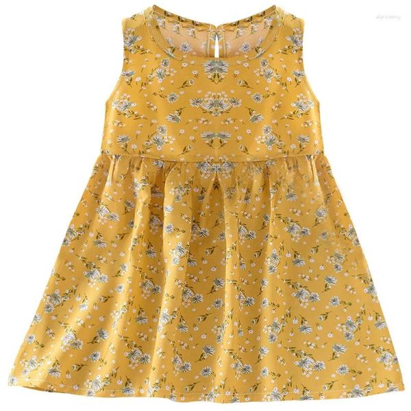 Kız Elbise Kız Kız Bebek Yaz Elbise Kolsuz Baskı Çocuklar Pamuk Çocuk Parti Sundress Giyim Toddler Moda Giysileri