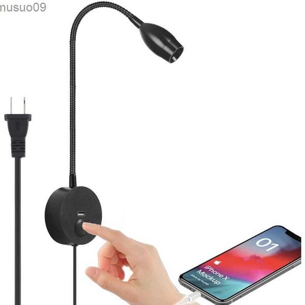 Lâmpada de parede Tokili Light para leitura de livros com carregador USB Touch On/Off/Dimmer Refletor montado na parede Cabeceira da cama Lâmpadas de arandela com pescoço de ganso