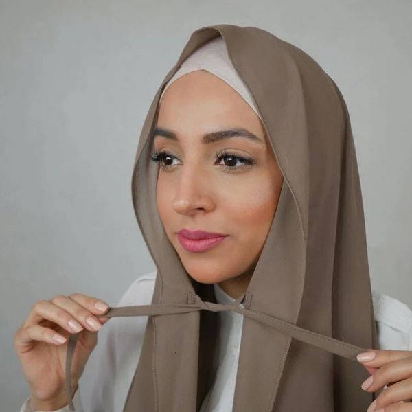 Chiffon hijab com gravata muçulmano moda feminina lenços headwraps senhoras xale ramadan cor sólida islam turbante 240227