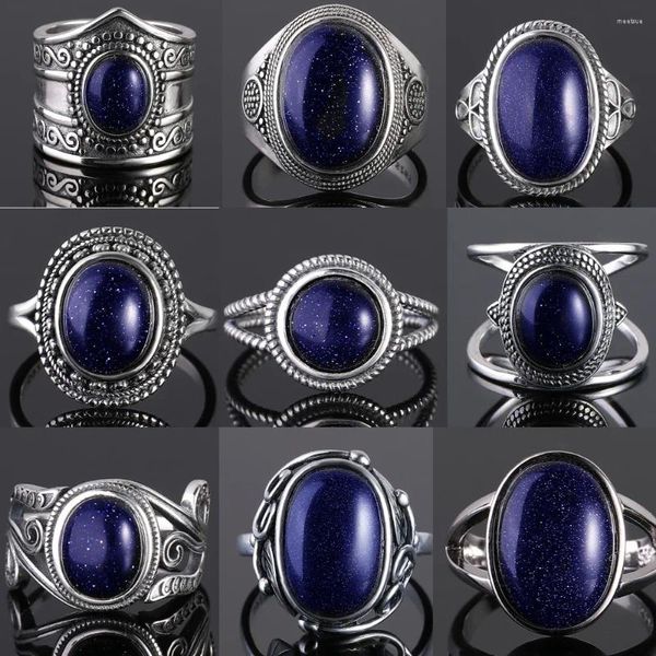 Anéis de cluster S925 Sterling Silverring para mulheres oval redondo dropwater natural azul arenito anel presente sol em forma retro luxo jóias finas