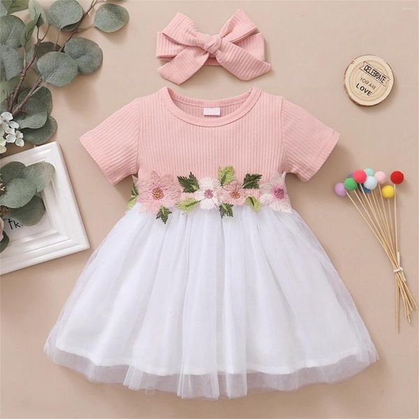 Mädchen Kleider Kleinkind Kinder Mädchen Blumen gerippt Kurzarm Mesh bestickt Tüll Kleid Haarband Kleid Prinzessin Set 4t