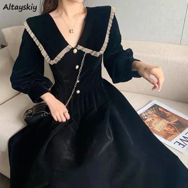 Elbise uzun kollu elbise kadın kadife gündelik zarif düğmeler aline tunik stil retro klas bayanlar gevşek yüksek bel elbiseleri