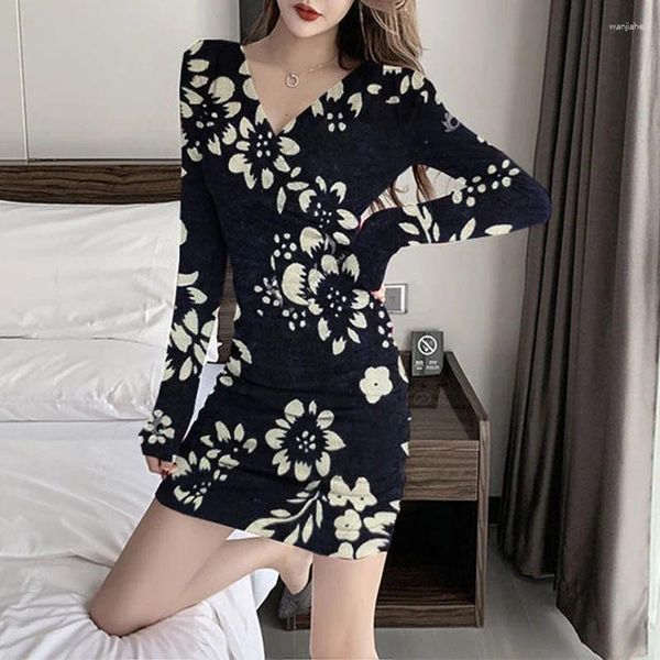 Casual Kleider Frühling Herbst V-ausschnitt Mode Langarm Mini Kleid Frauen High Street Schlank Enge Blumen Druck Vestidos