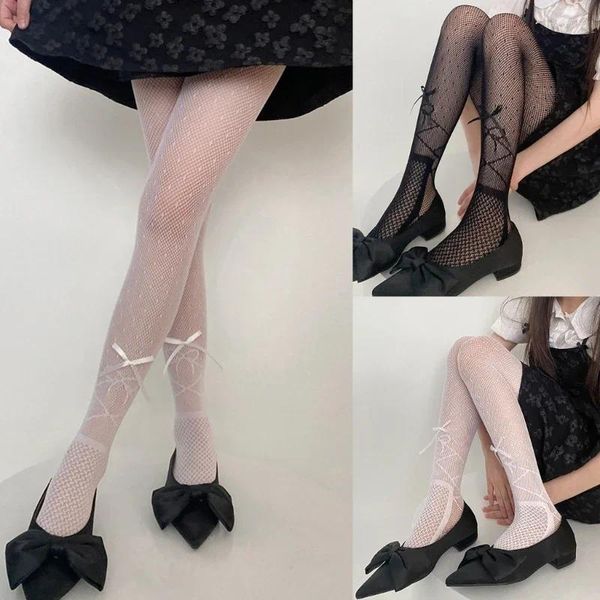 Frauen Socken JK Mädchen Ästhetische Spitze Gemusterte Netzstrumpfhose Strümpfe Ballett Süße Band Bowknot Strumpfhosen Leggings