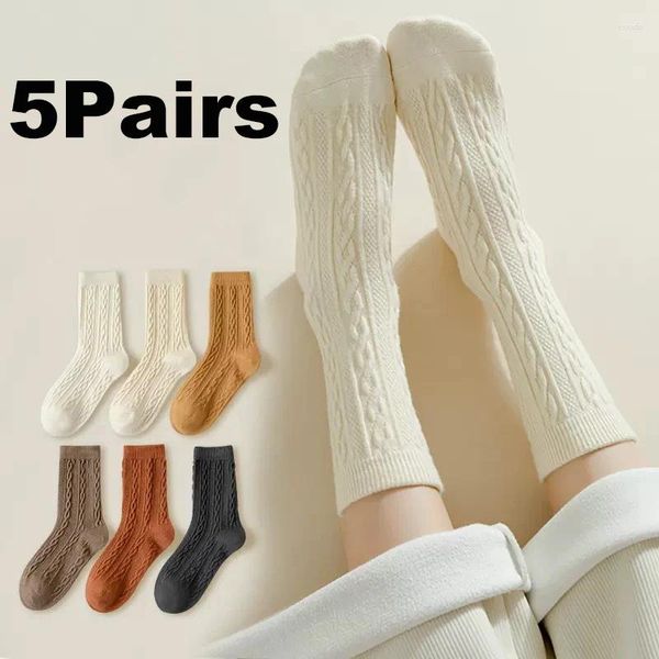 Meias femininas 5 pares de lã caxemira inverno engrossar quente preto branco conjunto meia térmica estilo japonês simples cor sólida