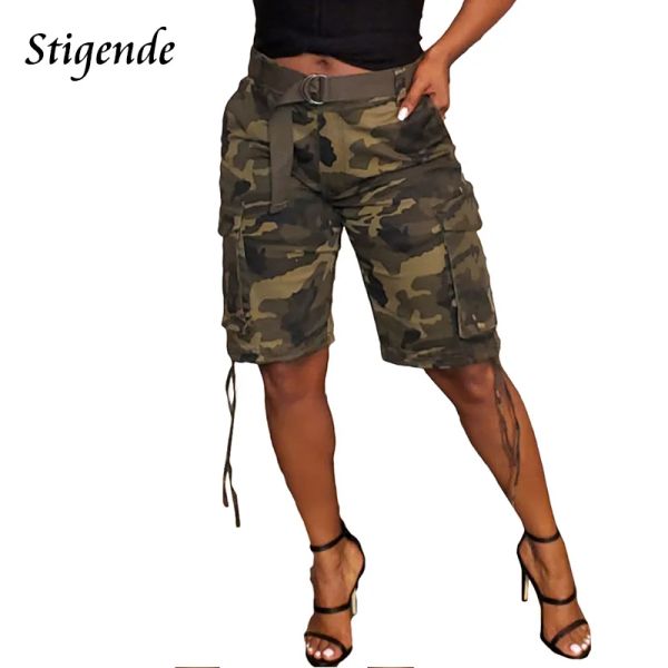 Calções de verão camuflagem carga shorts feminino casual bandagem bolso verde do exército shorts senhoras fino ajuste rendas até botão shorts streetwear