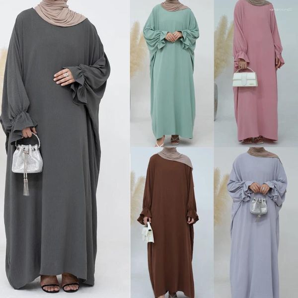 Abbigliamento etnico Ramadan Abaya per le donne Crepe Crinkle Manica a pipistrello Tinta unita Abito lungo musulmano islamico Abito hijab caftano turco modesto