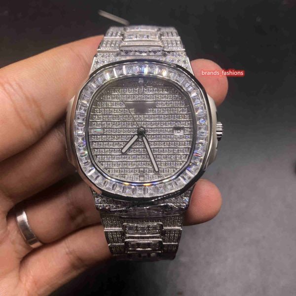 Orologio da polso da uomo con diamanti ghiacciati, cassa in acciaio inossidabile argento, orologio strano orologio alla moda, cinturino con diamanti, automatico Mechanica283z